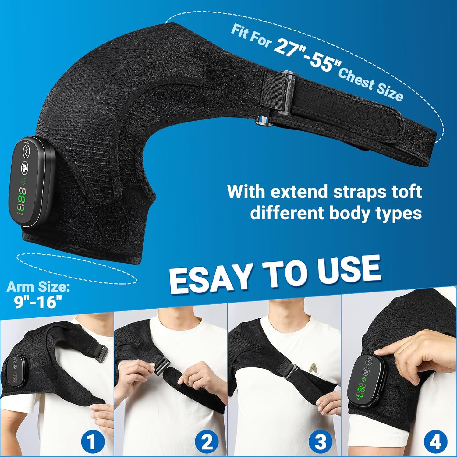 YUANBO Cordless Heated Shoulder Massager, Portable Shoulder Brace Heating Pad with 3 Heat & Vibration Heated Shoulder Wrap Brace for Men Women