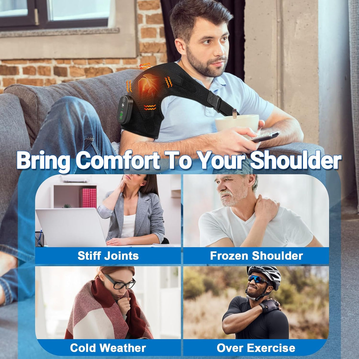 YUANBO Cordless Heated Shoulder Massager, Portable Shoulder Brace Heating Pad with 3 Heat & Vibration Heated Shoulder Wrap Brace for Men Women